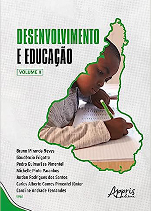 A capa do livro 'Desenvolvimento e Educação - Volume II' mostra um menino negro desenhando em um caderno, com um mapa de um continente ao fundo. O título e os nomes dos autores estão em destaque, com a editora Appris no canto inferior direito.